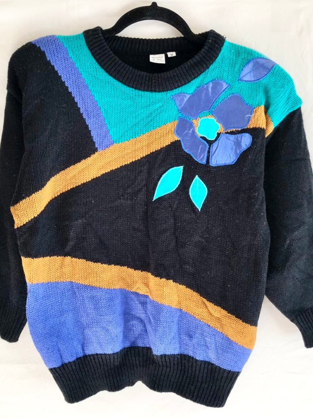 Vintage 90s Black Abstract Color Block Sweater Size M